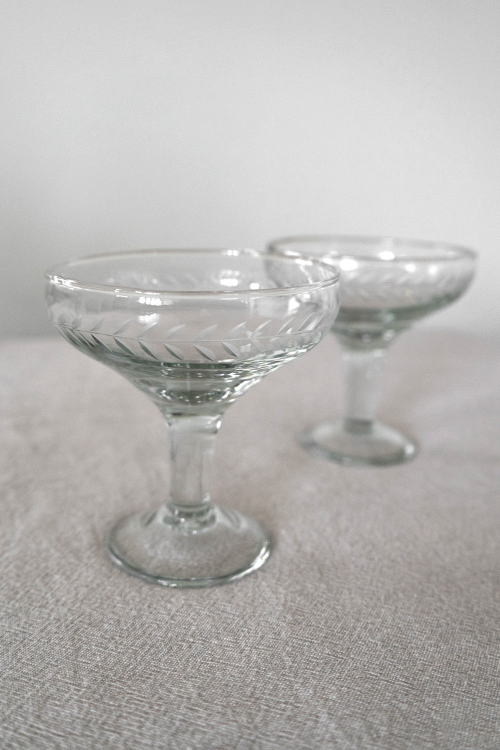 Etched Leaf Champagne Coupes, Set of Two